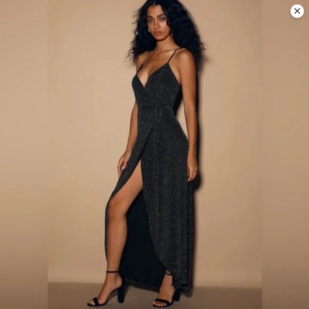 NWT: Lulu's Celestial Black and Silver Sparkly Wrap Maxi Dress | Size: L